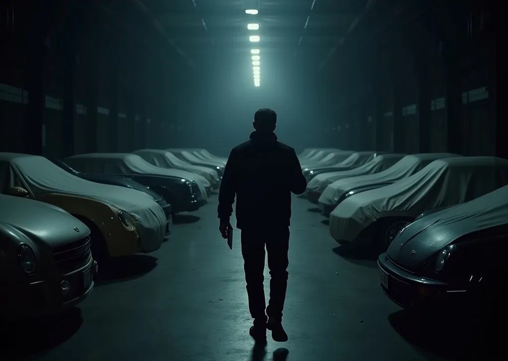 Collector walking through a private multi-car vault at night with rows of softly lit covered vehicles
