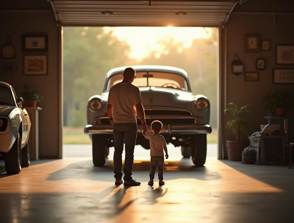 Father and son admiring a raised classic car in a spacious home garage