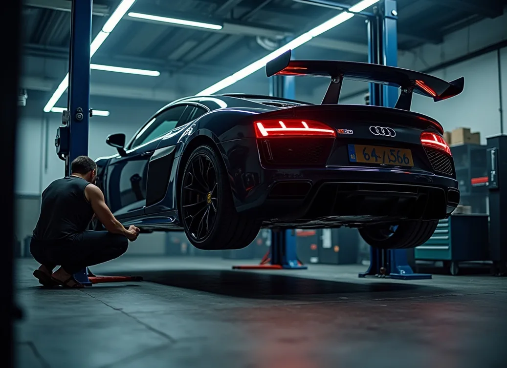 Low supercar being raised on a scissor lift in a high-end detailing studio