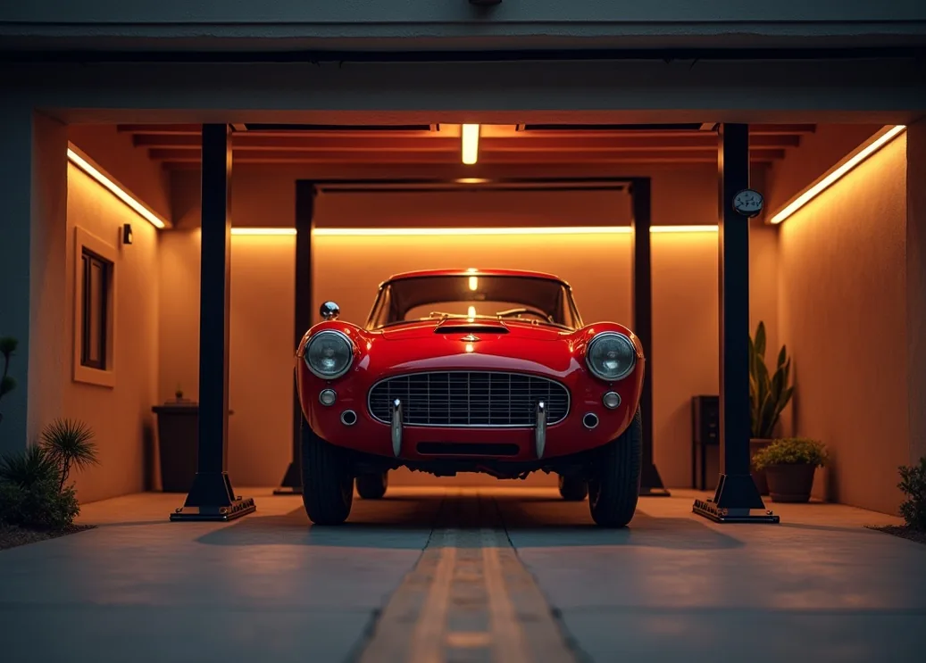 Luxury private garage at dusk with vintage red sports car on a two-post lift