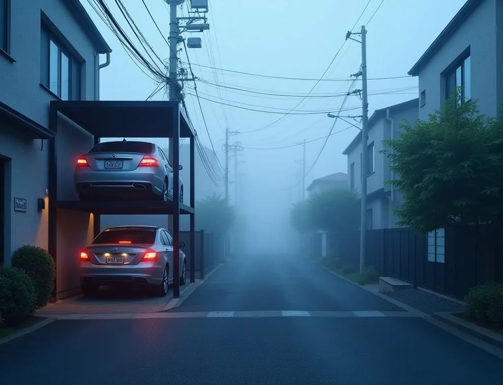Modern Japanese urban driveway with vertical stacker parking in morning fog