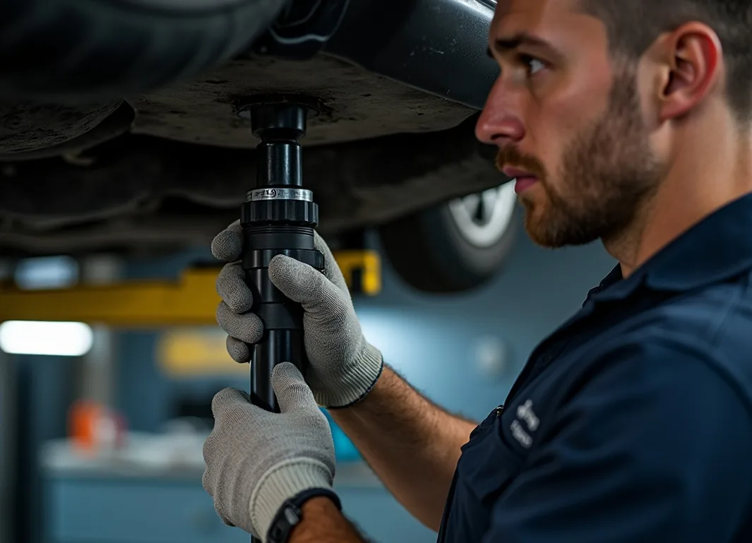 Mechanic hands in gloves adjusting hydraulic safety lock on car lift column