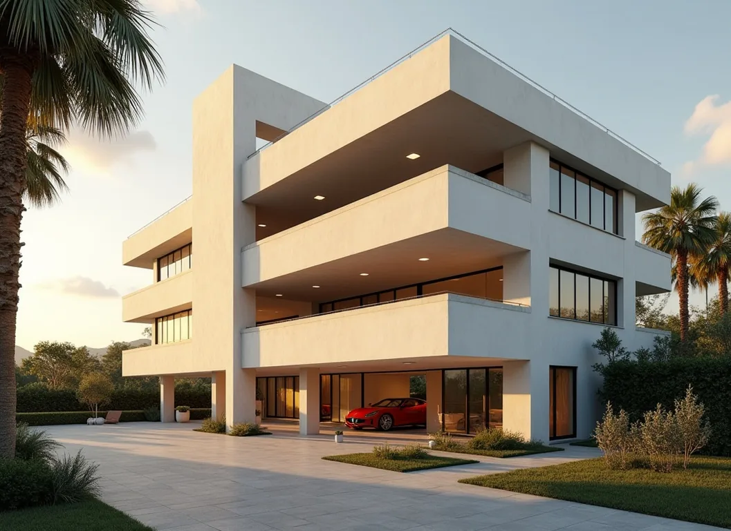 Multi-level parking tower integrated into a modern minimalist mansion