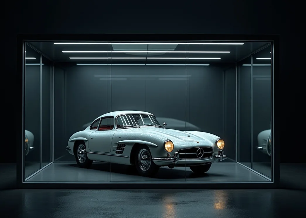 Glass-walled climate-controlled car storage enclosure at night