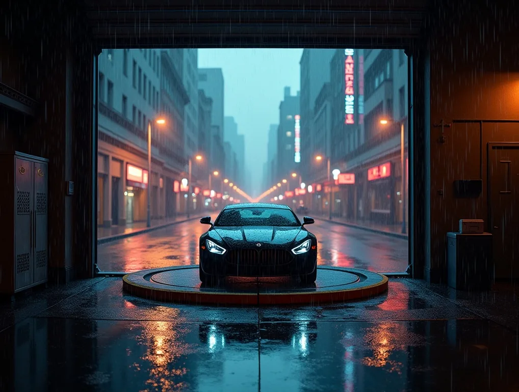 Rainy evening view through glass garage door revealing rotary turntable