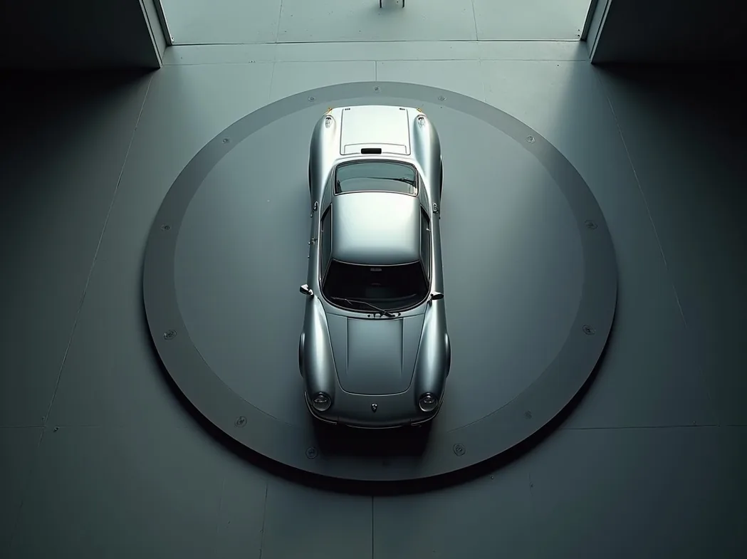 Top-down drone perspective of collector pressing remote button as rotary turntable spins