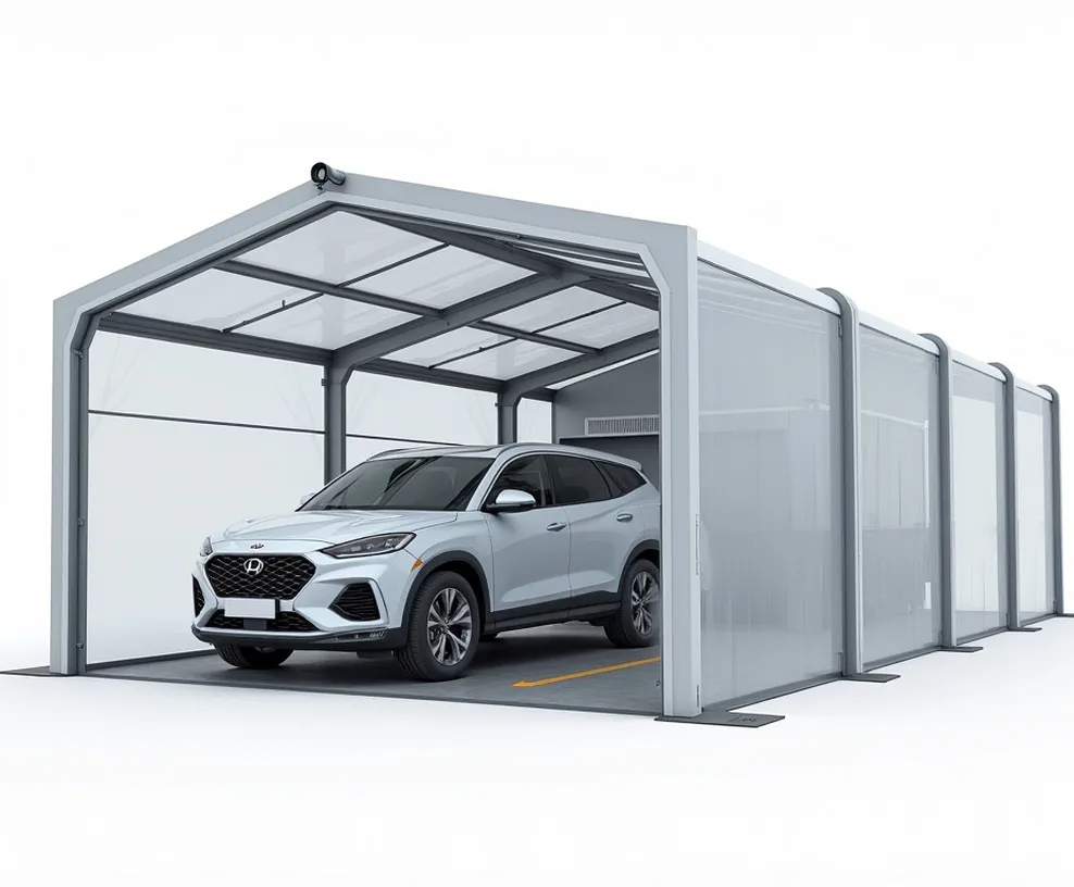Cross-section view of sealed transparent vehicle storage enclosure showing internal ventilation