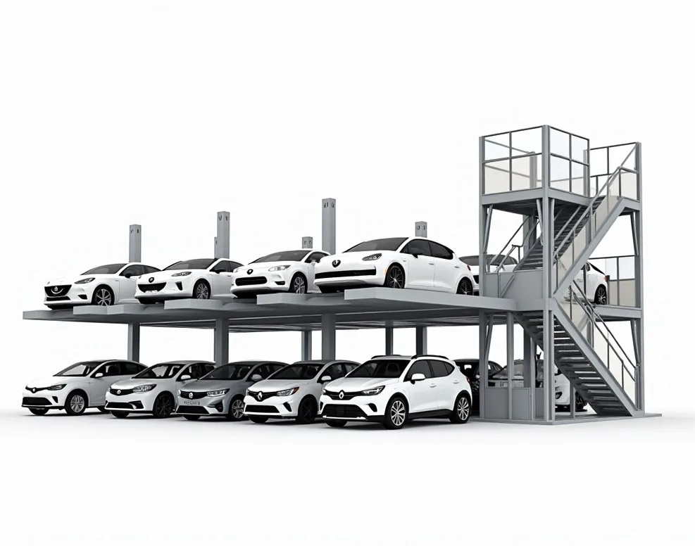 Family shot lineup of modular multi-level steel parking tower frame components and automated transport