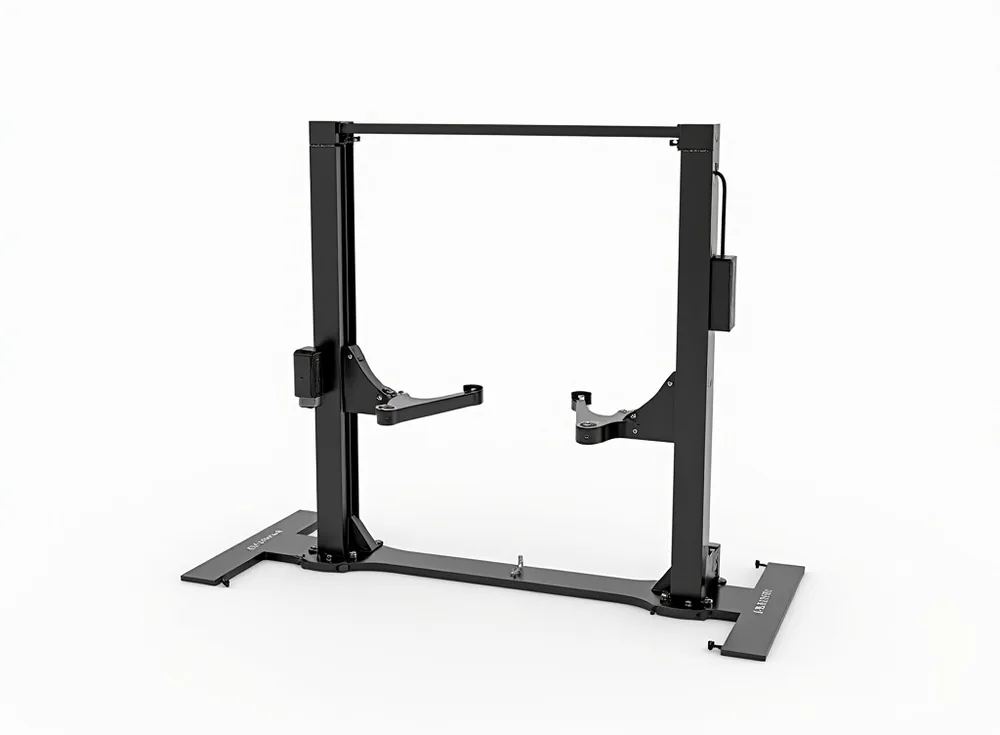 Matte black two-post hydraulic car lift standing tall with two vertical steel columns
