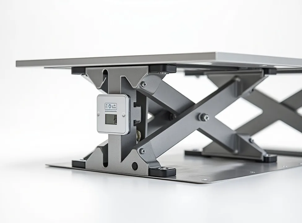 Macro close-up of low-profile scissor lift mechanism at minimum height showing folded steel