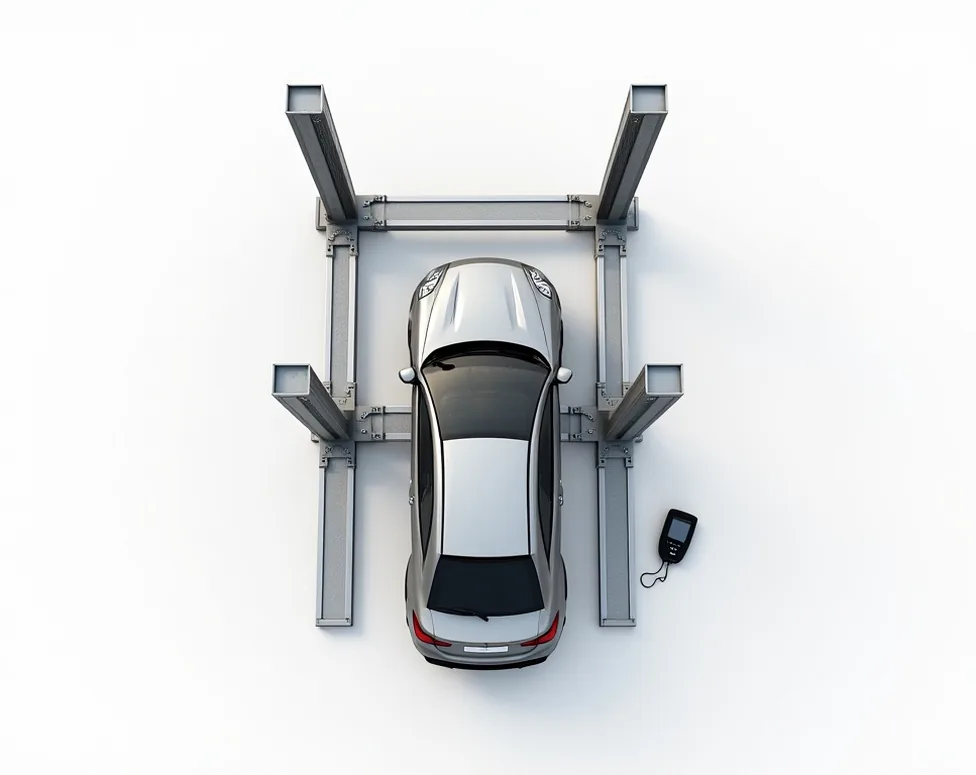 Top-down view of vertical stacker parking platform with hydraulic guide rails