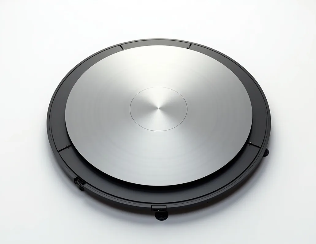 Top-down view of circular embedded rotary turntable for vehicles with flat floor-mounted disc